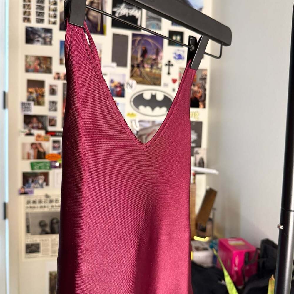 Magenta Satin Dress V Neck Criss Cross Back Size XS